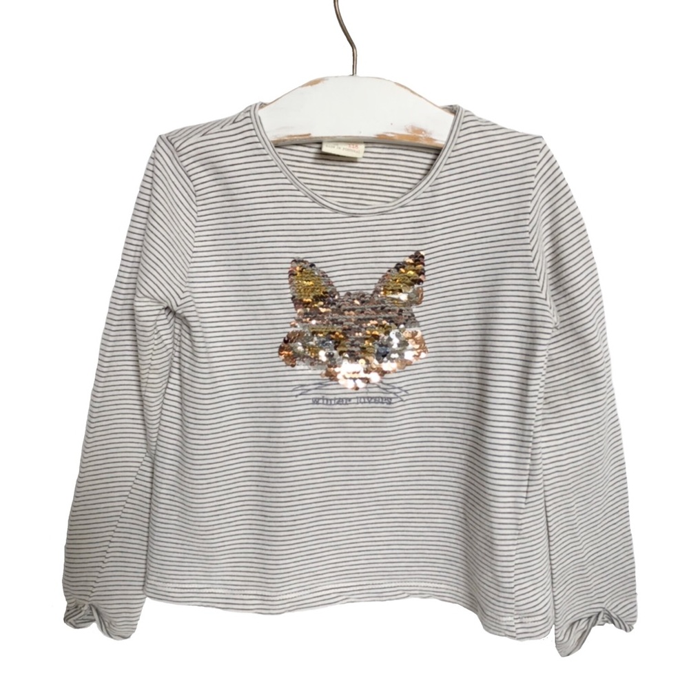 Zara Striped Fox Sequins Long Sleeve Tee SZ 6
